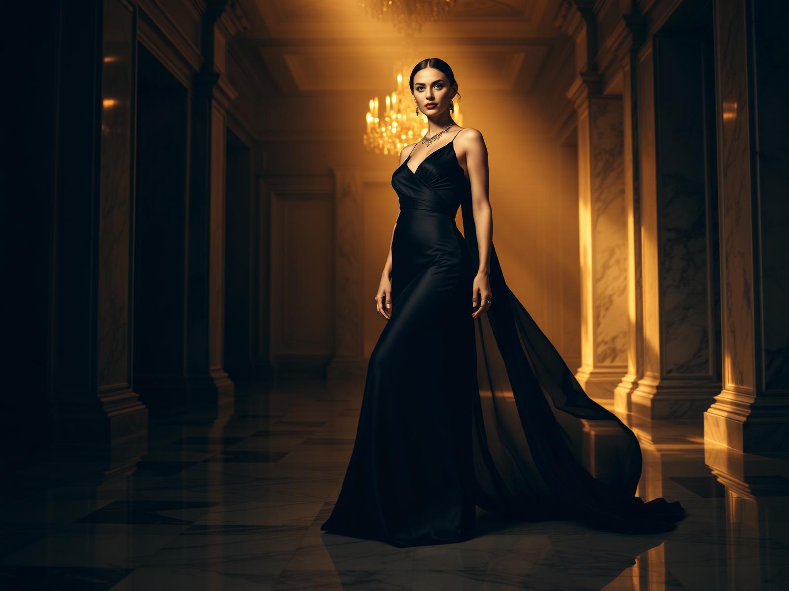 Model in flowing silk gown in a marble hall